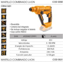 Ingco CRHLI2201 - MARTILLO COMBINADO LI-ION 20 V