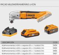 Ingco 434 - PACK MULTIHERRAMIENTA  + CARGADOR 20V + 2 BATERIA 4AH